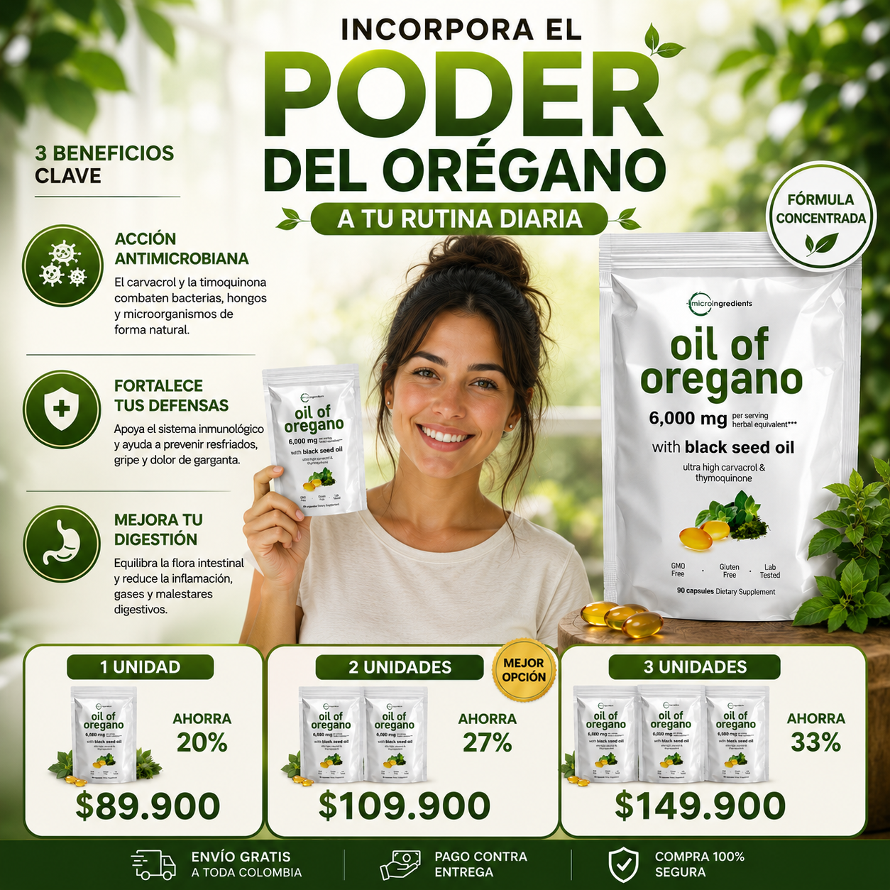 Aceite de Orégano 6.000 mg + Aceite de Semilla Negra | Fórmula Concentrada | 90 Cápsulas